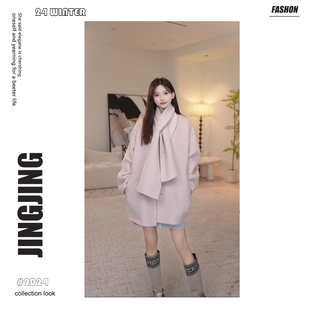 【宝格尼】秋冬新款韩版围脖双面双穿毛呢大衣连帽外套女28D185