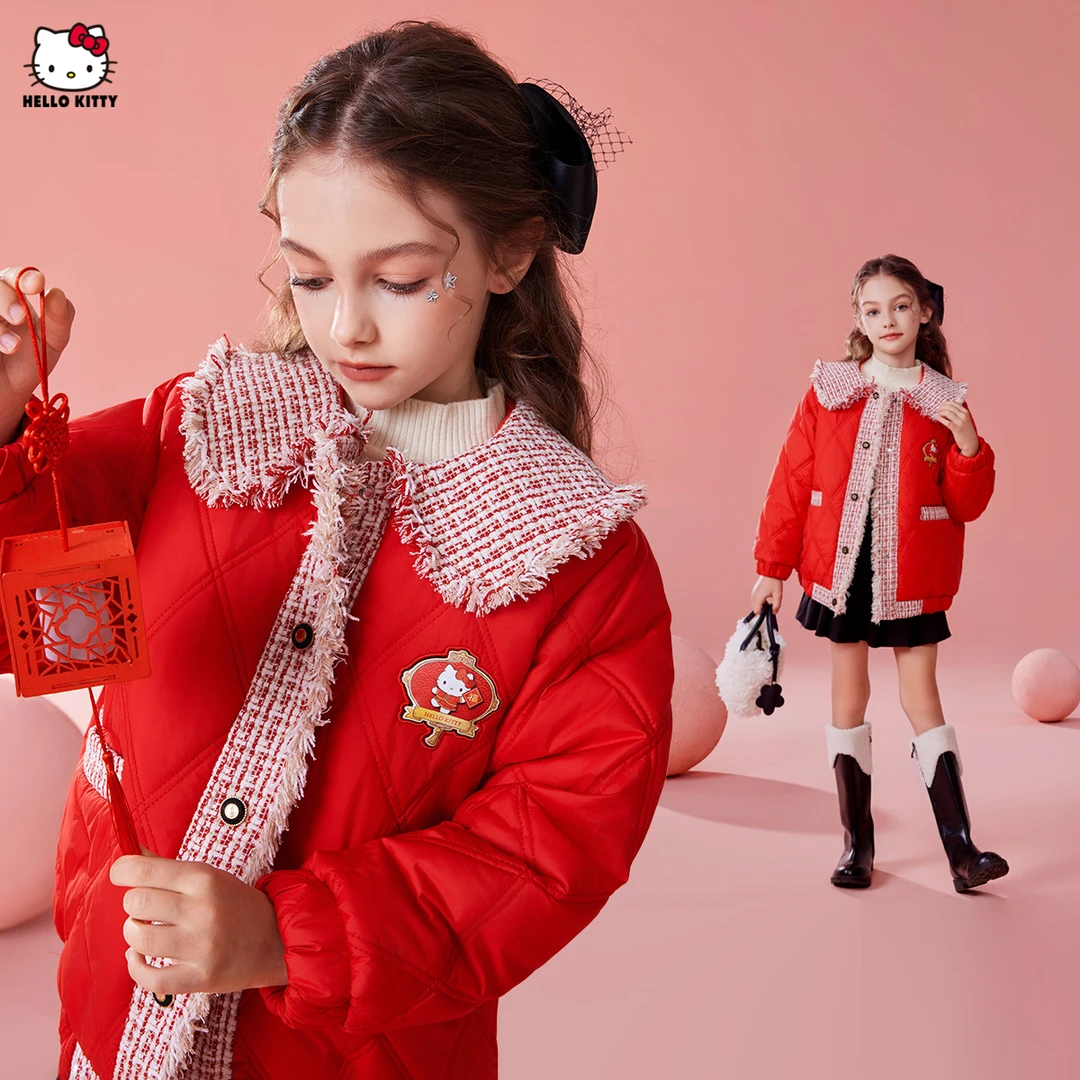 HELLO KITTY/凯蒂猫女童翻领保暖棉服2024新款冬季小香风休闲外套