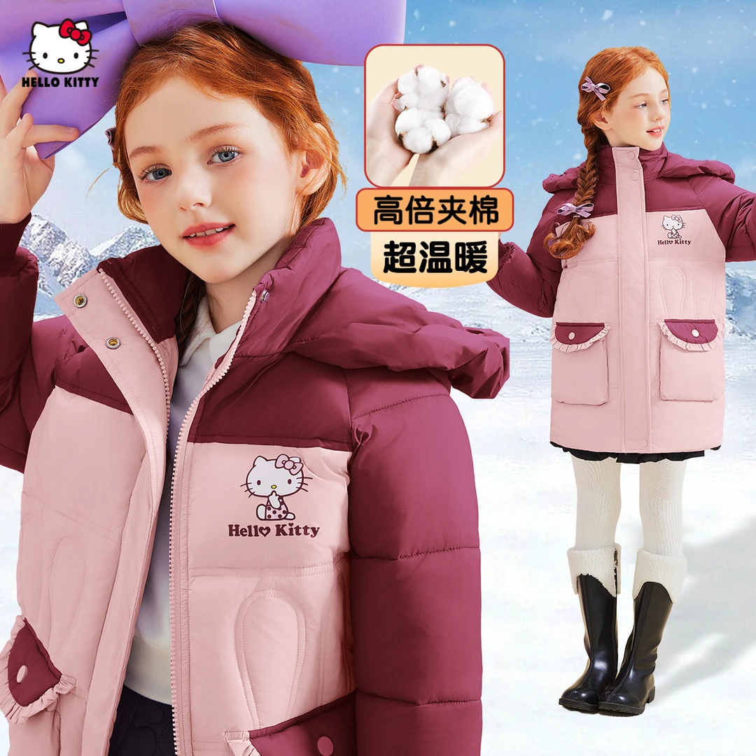 女童冬季中长款加厚撞色棉服2024新款夹棉宽松时髦中大童装