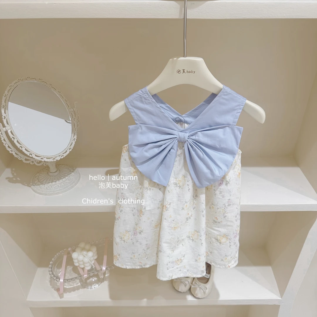 莫奈花园#女童碎花裙洋气夏季2024新品女宝宝蝴蝶结背心裙子
