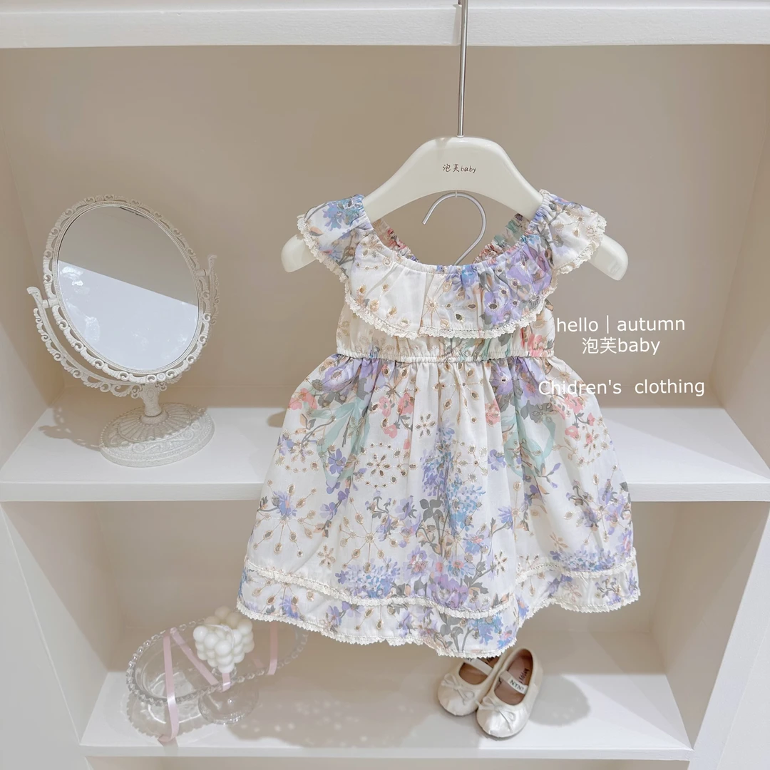 【现】莫奈花园～女童花边领连衣裙2025夏季洋气女宝宝碎花长裙子