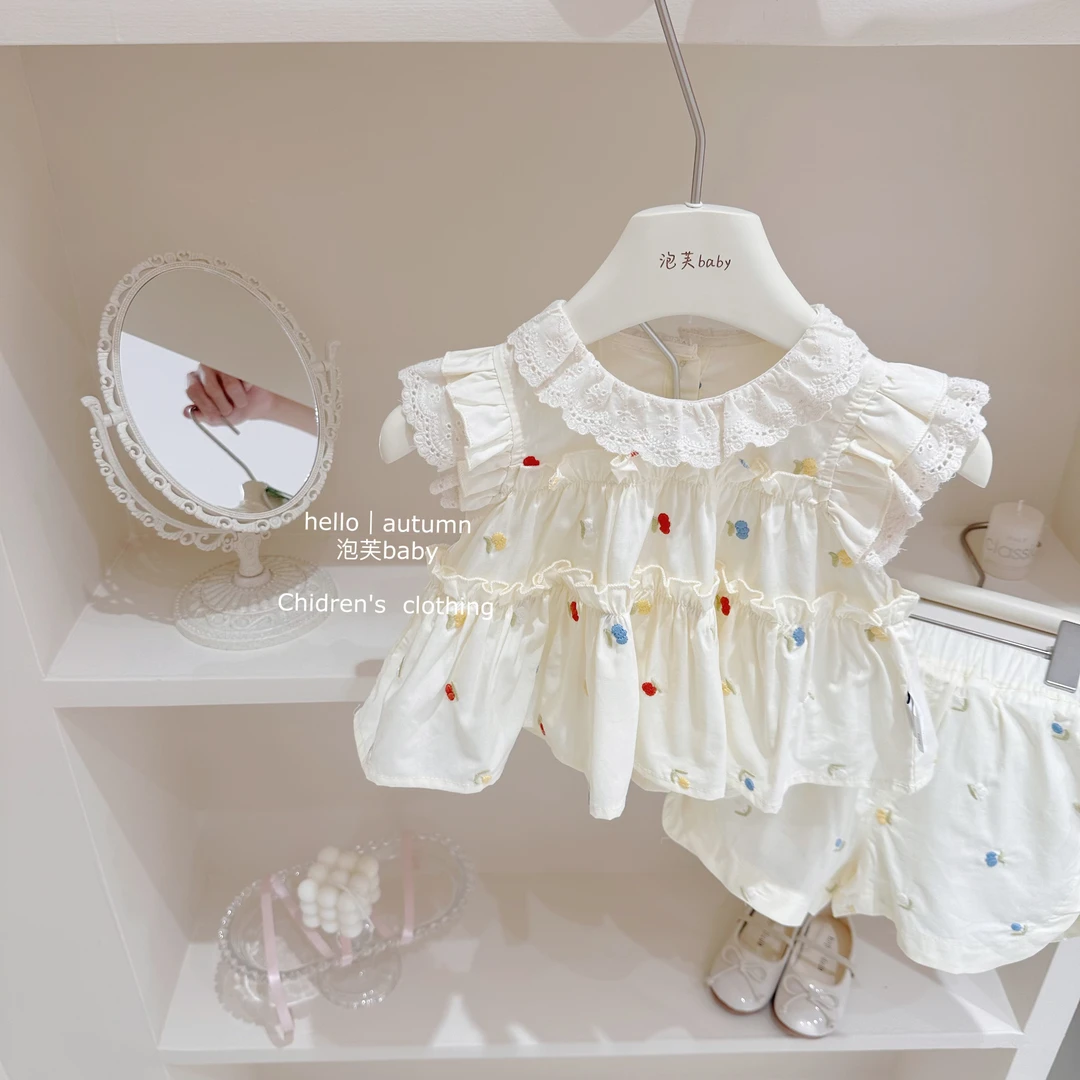 可可爱爱#女童花边领套装洋气2025夏季洋气女宝宝刺绣两件套