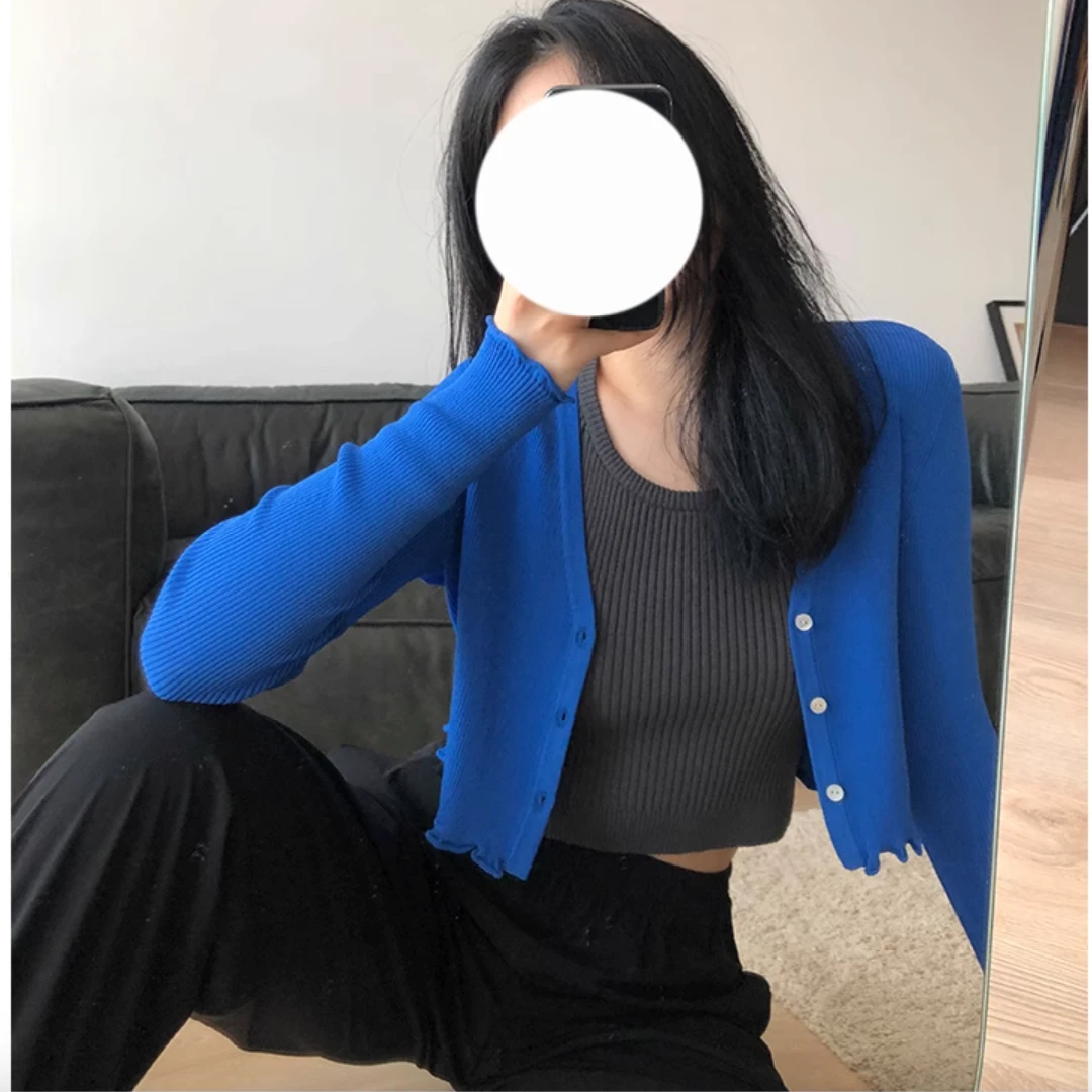 春秋针织显瘦弹力毛衣长袖洋气百搭韩版针织开衫短款小众修身外套