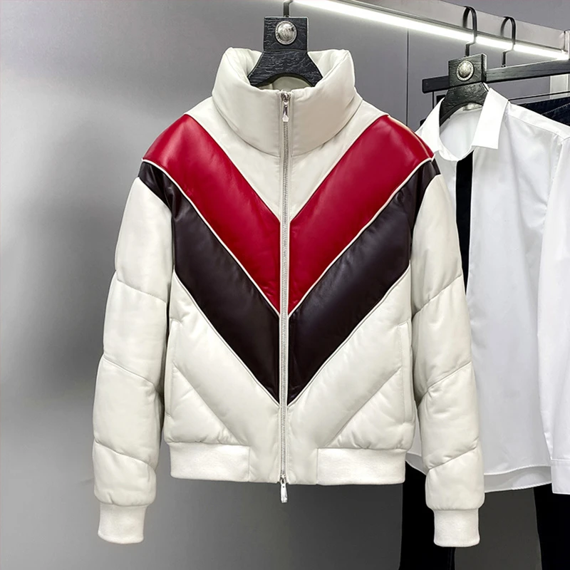 【KZ优选】進口羊皮拼色鹅绒填充面包服时尚皮羽绒真皮外套男士百搭