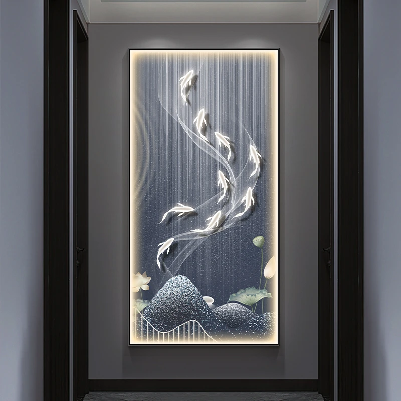 九鱼图入户玄关装饰画LED灯画现代轻奢走廊过道挂画高级感发光画