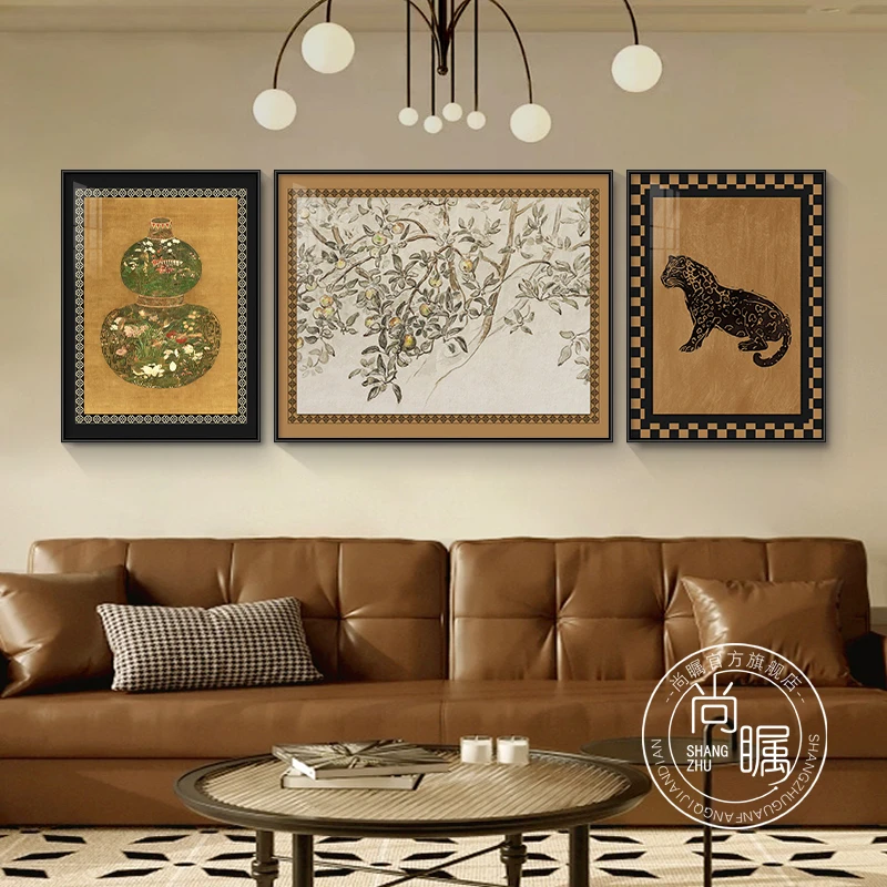 中古风客厅装饰画高级感小众沙发背景墙壁画复古艺术三联葫芦挂画