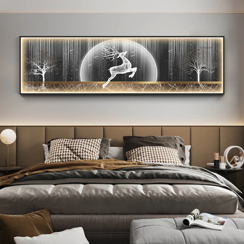 新款现代简约卧室床头LED灯画轻奢主卧挂画抽象黑白风麋鹿装饰画