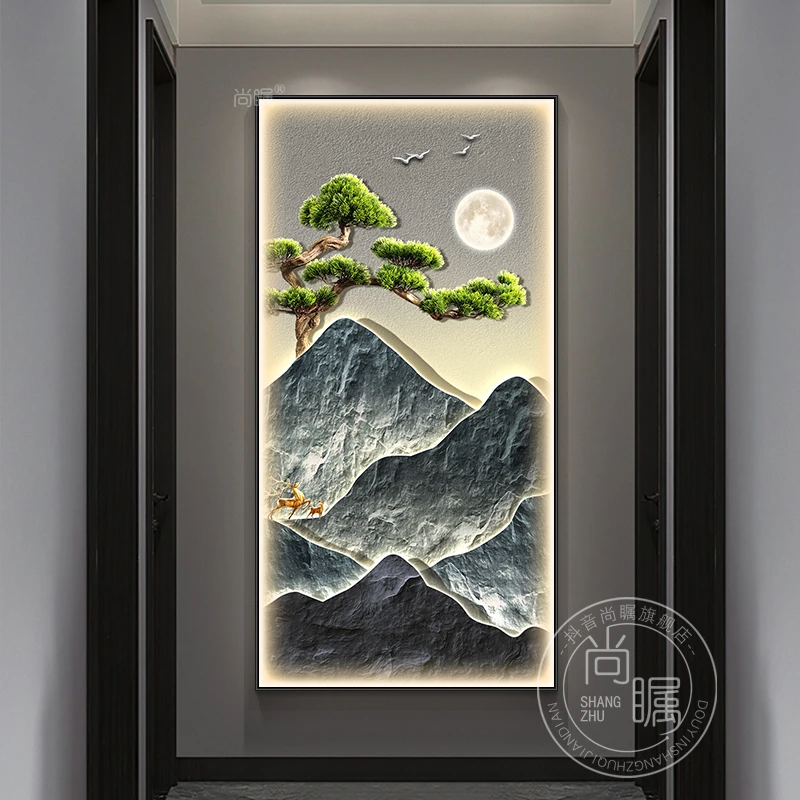迎客松入户玄关装饰画现代轻奢走廊过道带灯挂画山水高档led灯画
