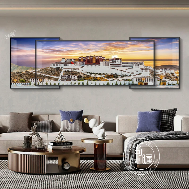 布达拉宫客厅装饰画轻奢现代沙发背景墙挂画西藏风景大气叠加壁画