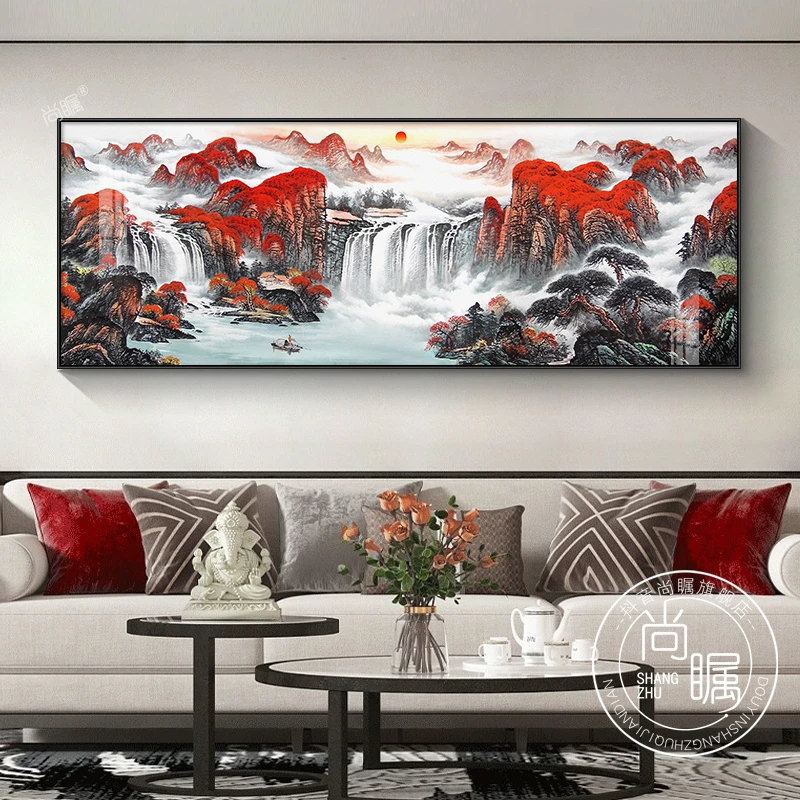 鸿运当头客厅轻奢中式装饰画沙发背景墙壁画高档办公室茶室山水画