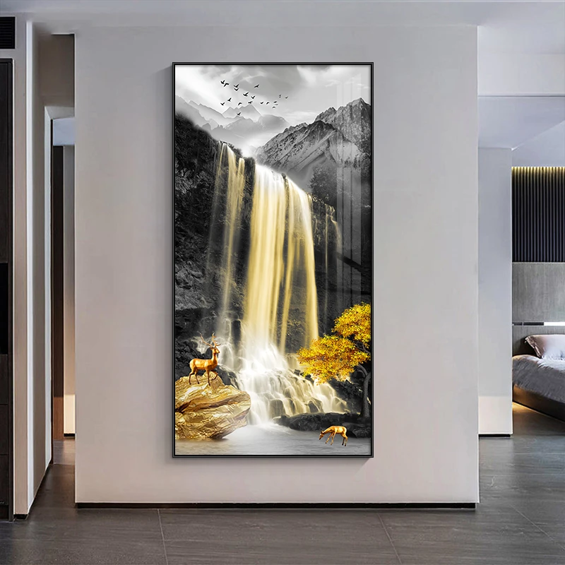 瀑布入户玄关装饰画高水流水风景挂画客厅走廊过道墙壁画山水画