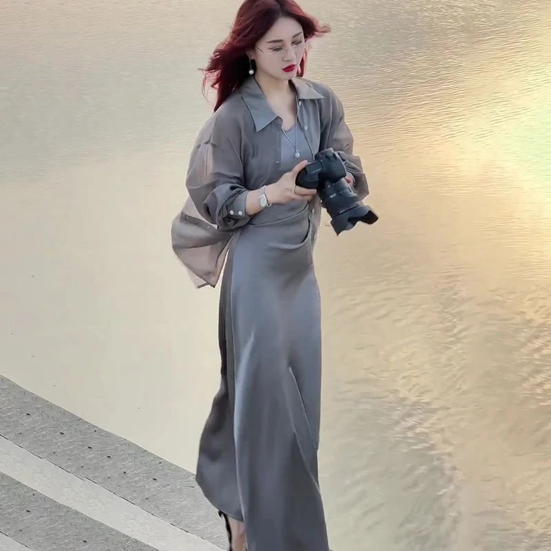 两件套裙子套装女2024夏新款爆款洋气长袖防晒衬衫气质显瘦吊带裙