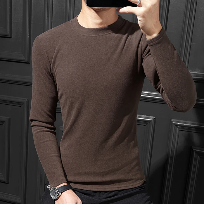 秋冬季男士双面绒打底衫圆领修身纯色百搭保暖上衣双面绒长袖内搭