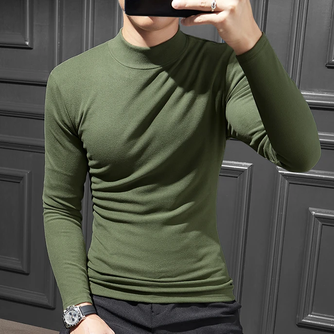 秋冬季男士长袖打底衫双面绒半高领保暖T恤中高弹力纯色百搭内搭T