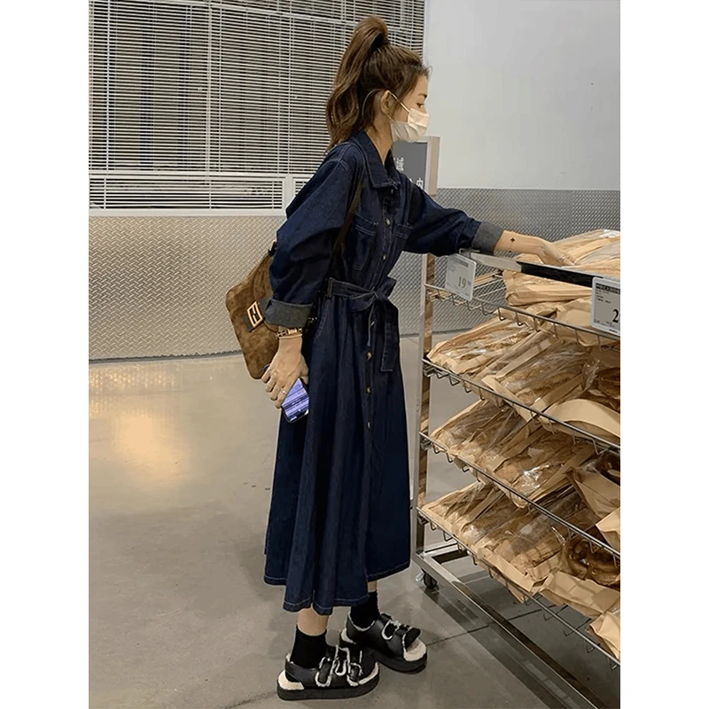 法式高级感长袖牛仔衬衫连衣裙女2025春秋季新款收腰显瘦polo长裙