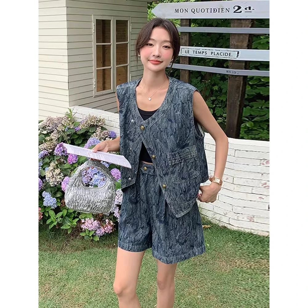 复古提花印花牛仔短裤两件套设计夏季2025新款衬衫休闲套装