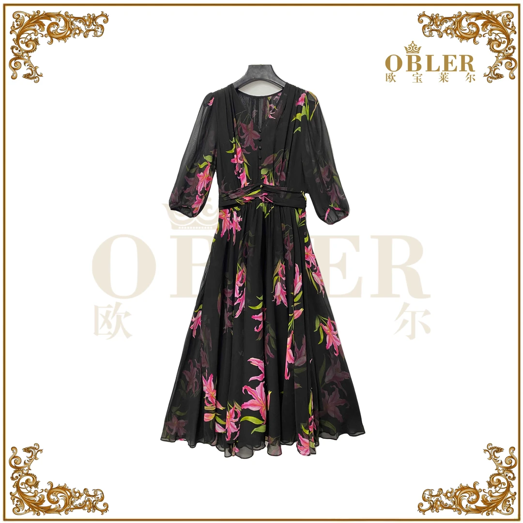 【欧宝莱尔】时尚气质轻奢优雅真丝连衣裙114-24275