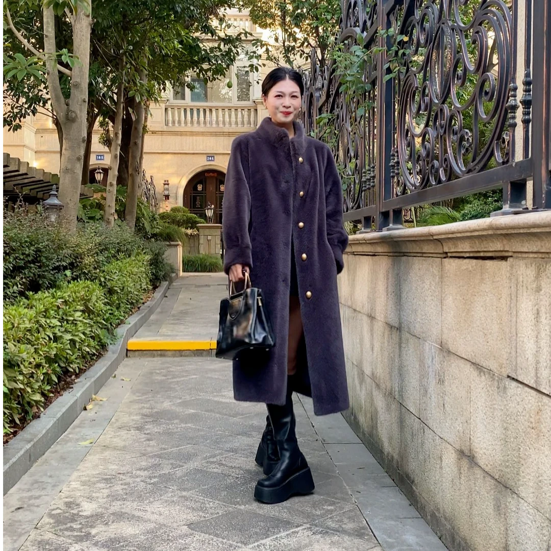 【十三姨】2024新款雪兰貂皮毛一体女装秋冬加厚长款外套冬款1**