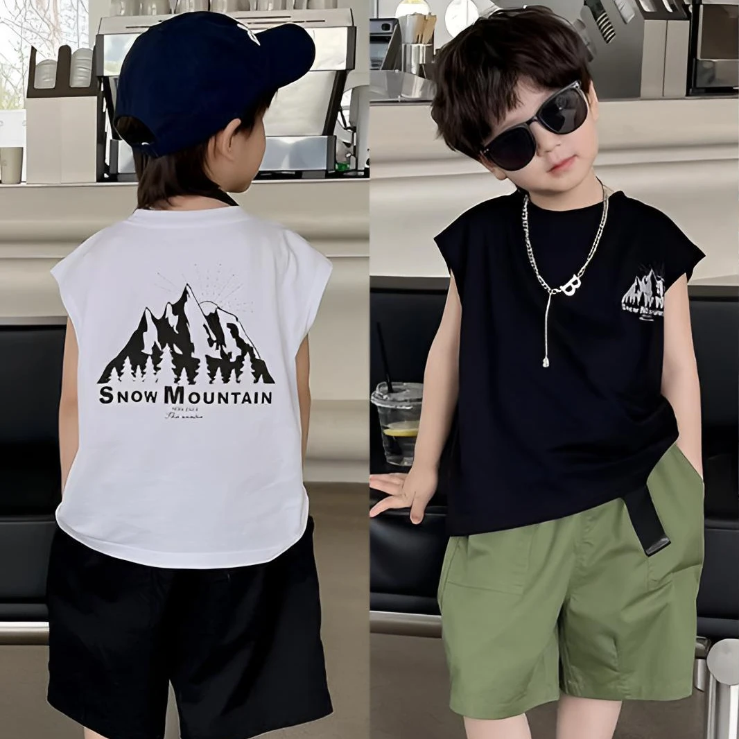 【纯棉背心】童装2024韩版男孩背心夏男童无袖宽松上衣儿童印花t恤A