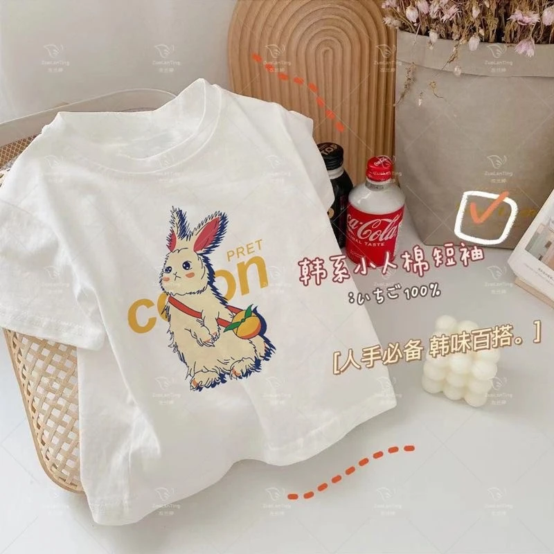 女童白色舒适短袖T恤百搭夏季新款洋气卡通兔子上衣儿童圆领短恤T