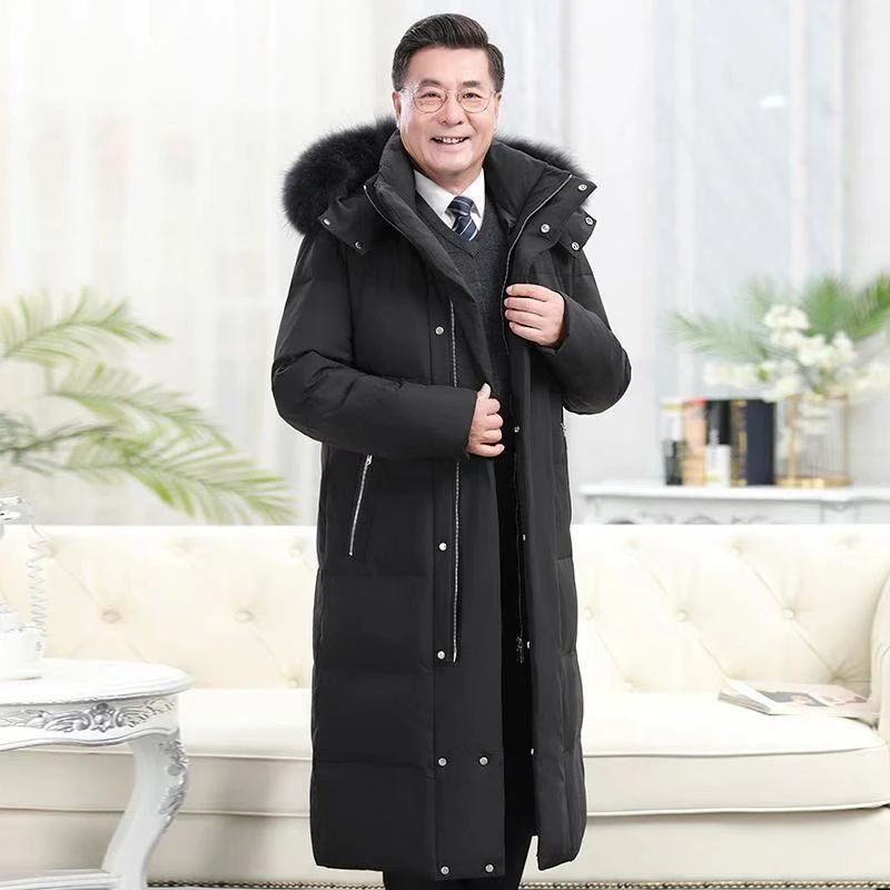 中老年羽I绒服男爸爸装冬季新款长款过膝大码加厚中年父亲外套