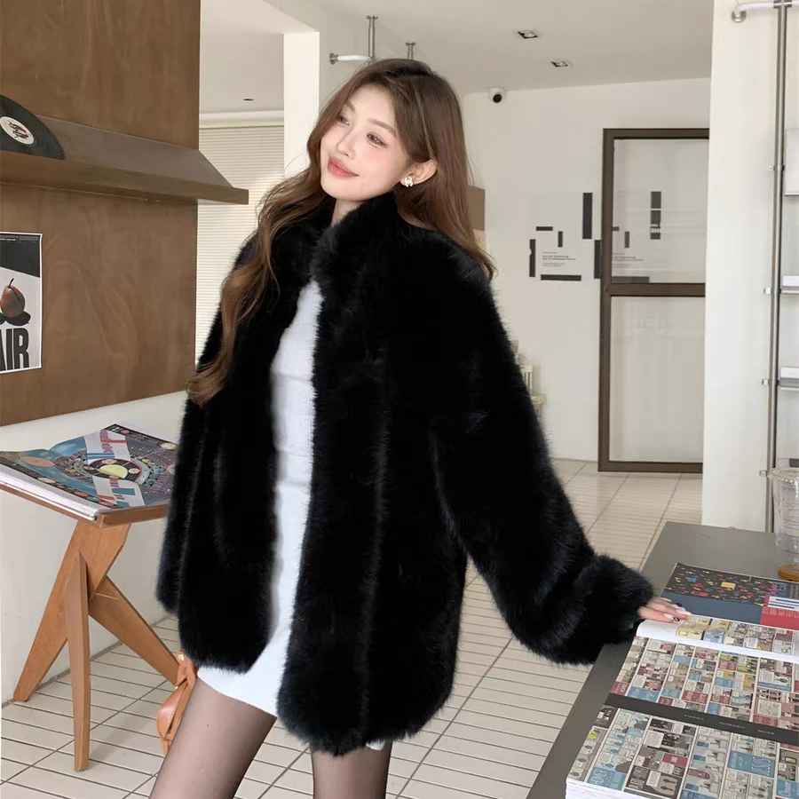 气质立领款中长款外套秋冬加厚保暖毛毛绒大衣仿狐狸黑色毛毛外套