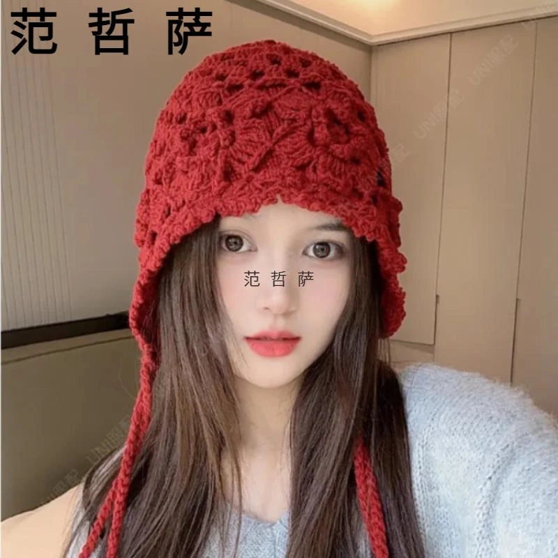 护耳帽子女款2024新款时尚针织毛线帽秋冬花朵流苏包头帽大头围