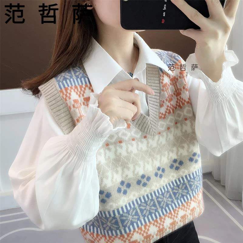 2024新款马夹背心女士衬衫马甲两件套针织毛衣春秋外穿内搭小香风