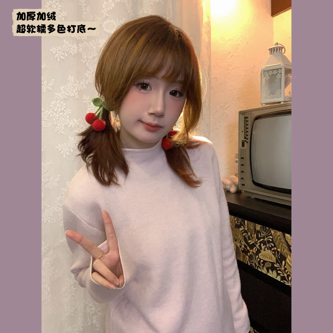 新款冬季卷边半高领加绒打底衫