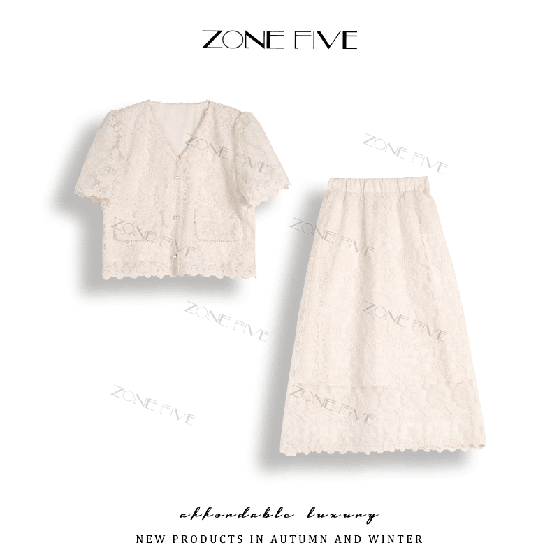 yilaoban/衣老板 zonefive重工精致钉珠蕾丝套装裙女名媛风刺绣两件套TY8918