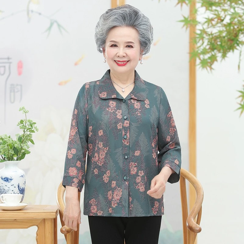 2024新款奶奶装夏季薄款七分袖衬衫 中老年女装妈妈装中袖衬衣服
