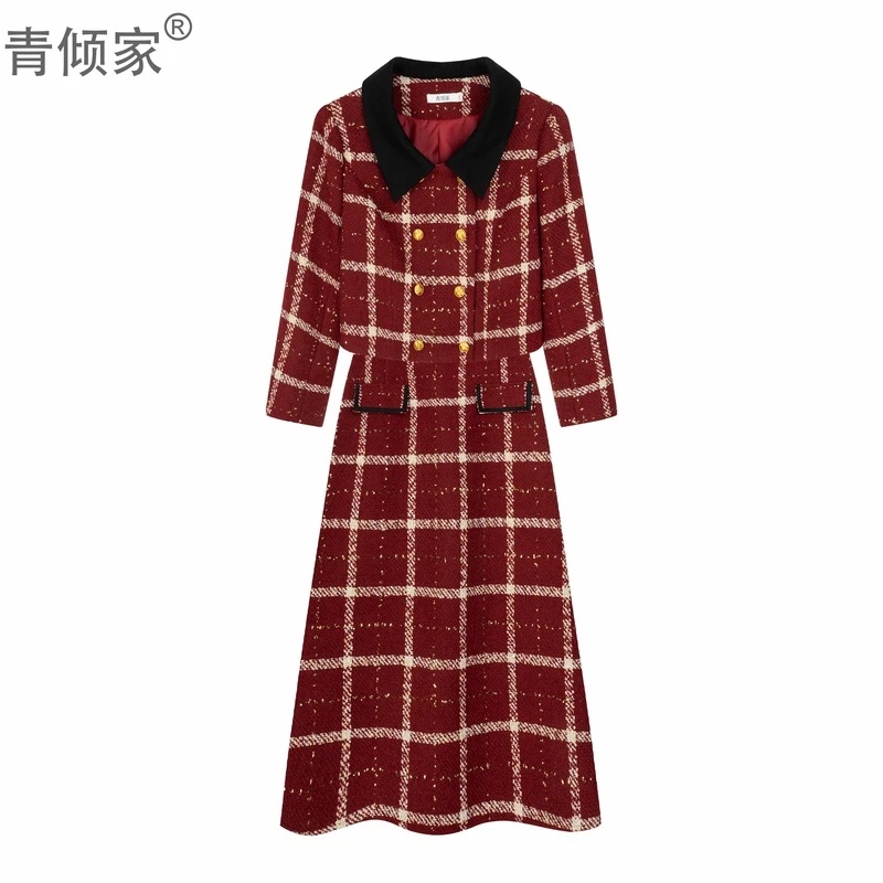 青倾家【恭喜发财】圣诞香风格纹显瘦外套+半裙套装