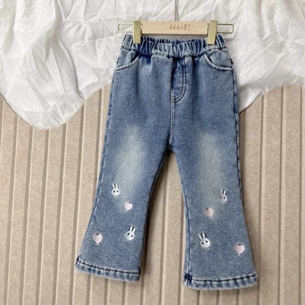 女童牛仔裤 2024冬季洋气时尚加绒加厚宝宝卡通可爱宝宝牛仔裤