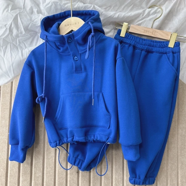 儿童秋冬套装 2024韩版新款洋气宝宝休闲连帽纯色两件套童装