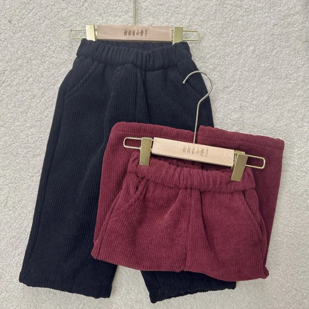 2024女童冬季新款加厚加绒灯芯绒阔腿法棍裤百搭洋气韩版复古