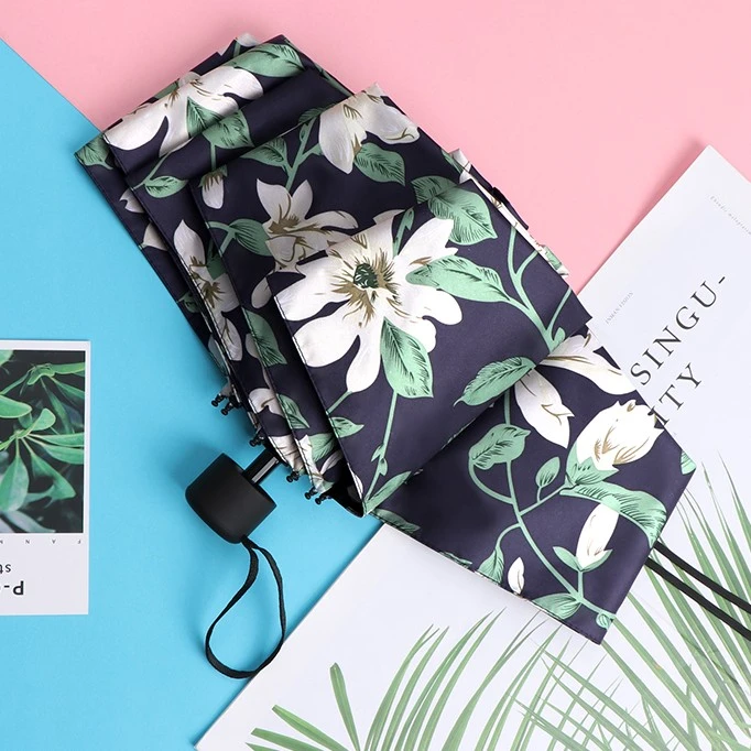 百合花五折遮阳伞防紫外线黑胶太阳伞折叠晴雨两用枫叶雨伞女小巧