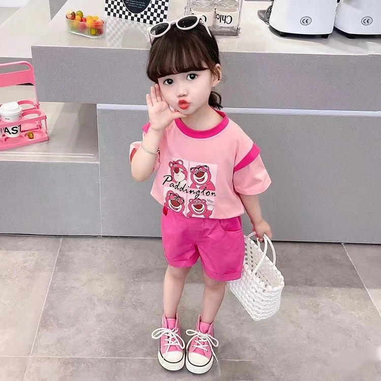 女孩半袖时髦休闲小童韩版卡通运动网红夏季草莓熊印花韩版卡通