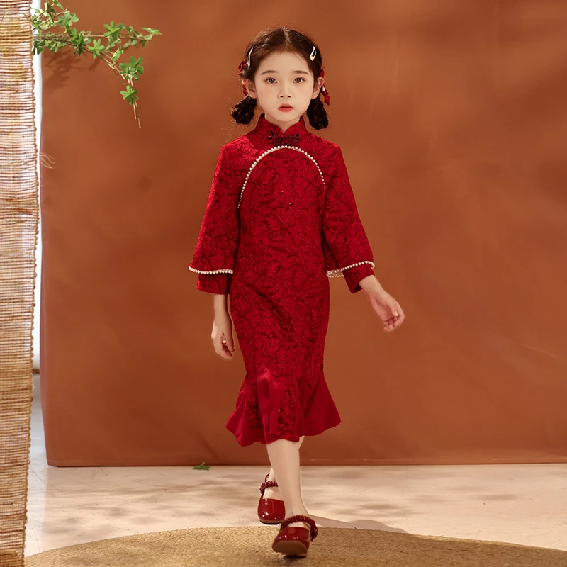 儿童旗袍女童中国风鱼尾古风小女孩唐装复古连衣裙子2025新款春秋