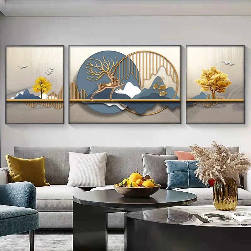 客厅三联画【金鹿送福】晶瓷镶钻+铝合金边框 艺术设计立体装饰画