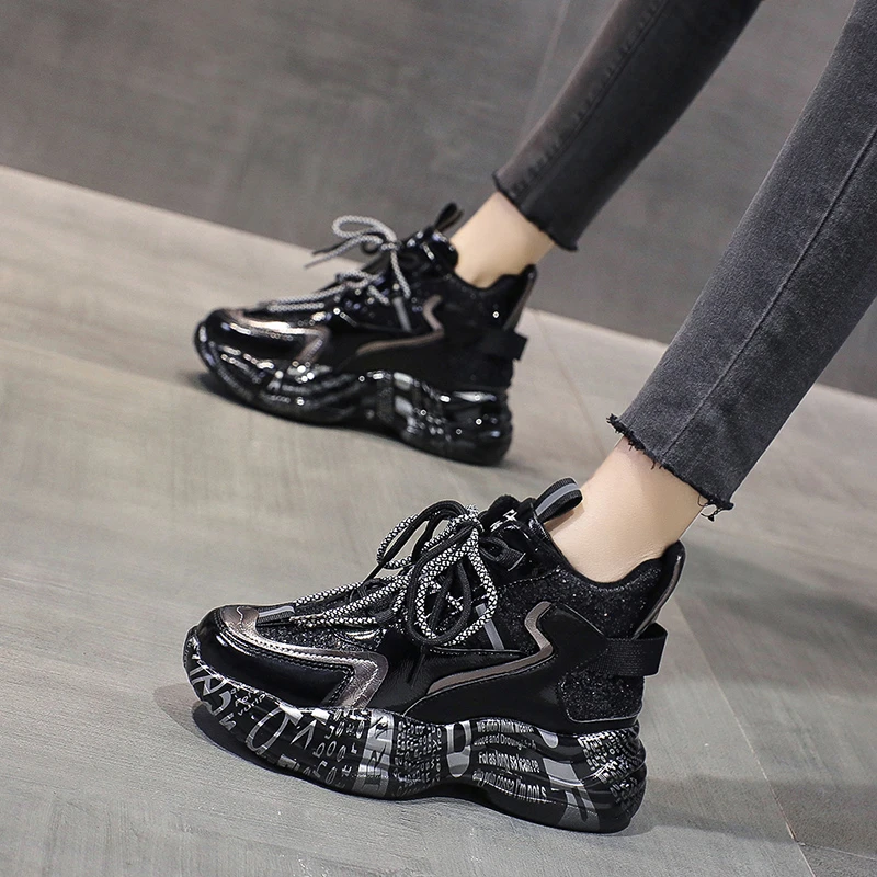 网红时尚亮片高帮老爹鞋女厚底2025秋冬新款透气百搭休闲运动鞋子