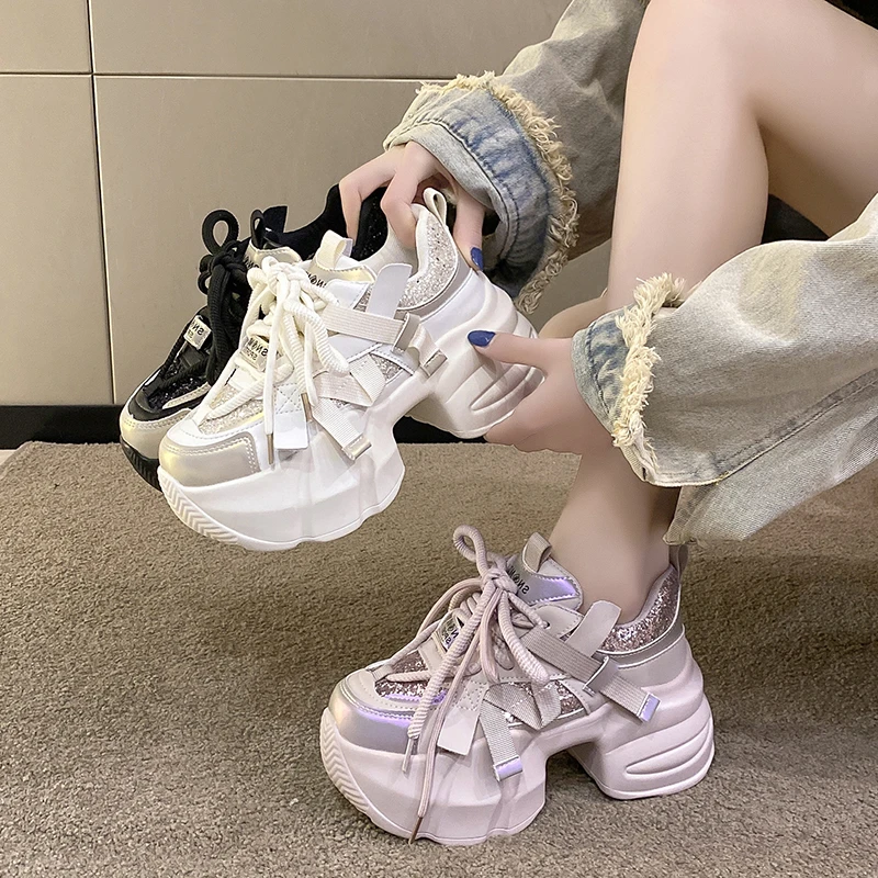 网红时尚亮片老爹鞋女2025秋季新款百搭厚底显脚老爹鞋女厚底