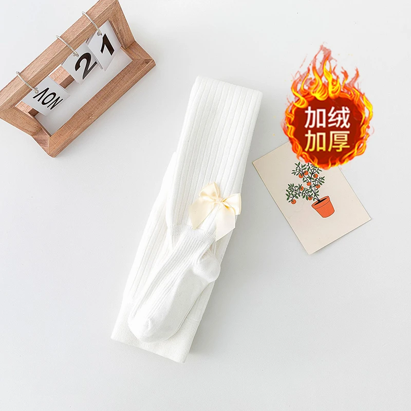 儿童打底裤秋冬加绒中厚款连脚袜蝴蝶结女宝宝白色加绒加厚连裤袜