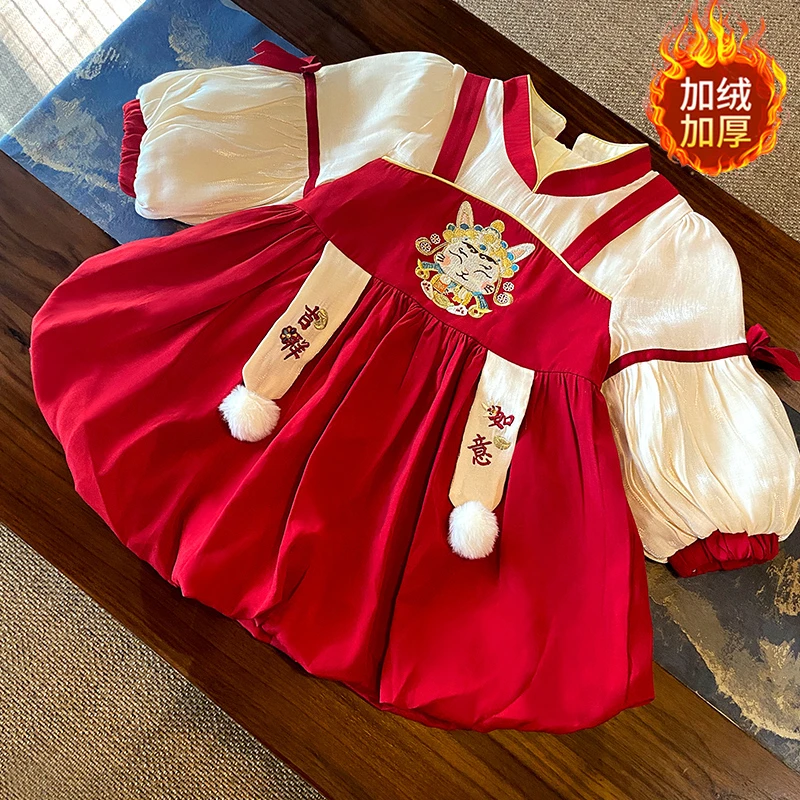 周岁女宝宝礼服秋冬长袖中式红色抓周加绒连衣裙婴儿圣诞节公主裙