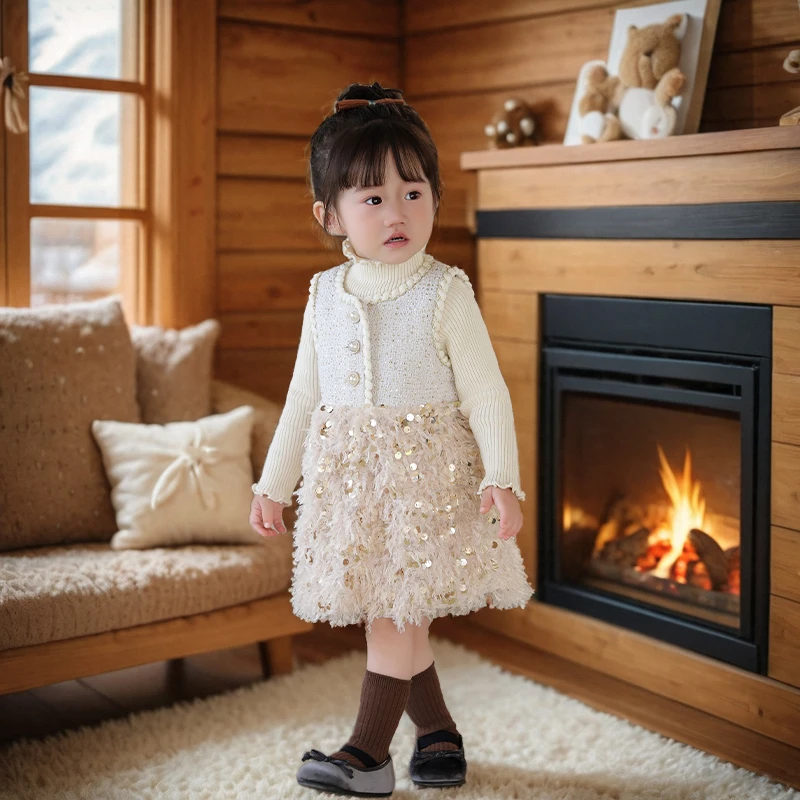 女童新年小香风套装秋冬高端小女孩生日宴亮片公主裙周岁女宝礼服