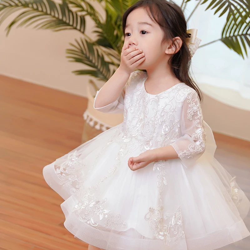 花童婚礼小女孩礼服夏装轻奢小众女宝白色蓬蓬纱裙夏季女童公主裙