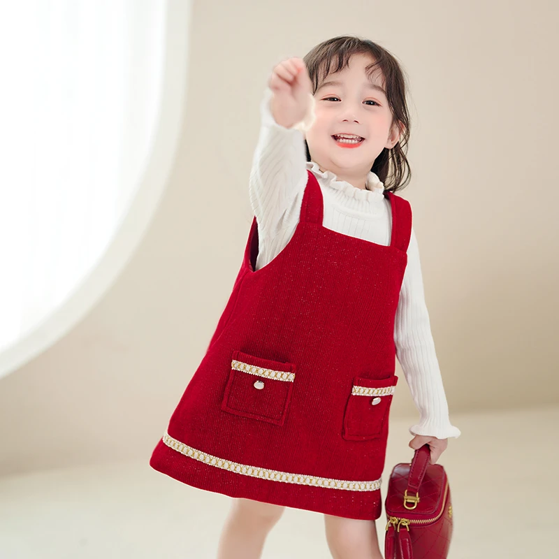 女童秋装2023新款套装红色马甲背心裙洋气时髦幼儿园秋冬装连衣裙