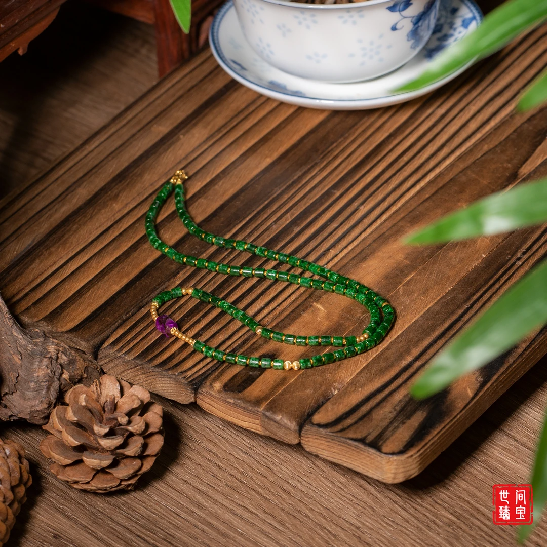 星禾丨18K金老油翡翠桶珠项链/长45cm/多样性发/P3006/0