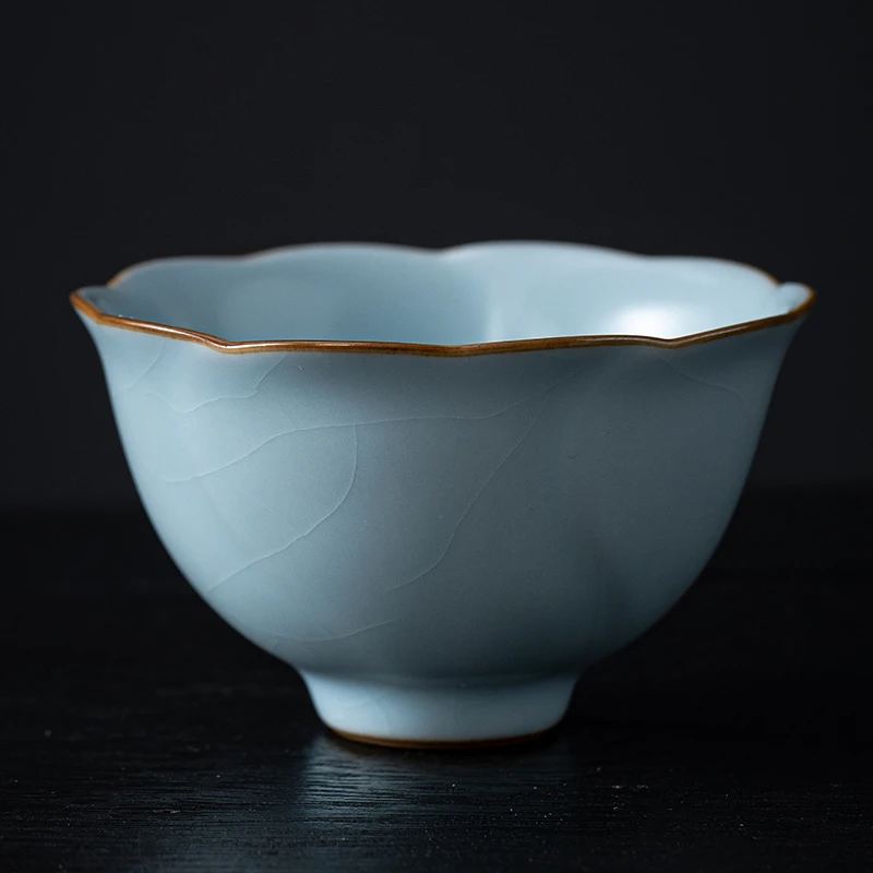 岩泥堂天青汝窑天蓝色茶杯陶瓷纯手工主人杯复古中式汝瓷花口杯