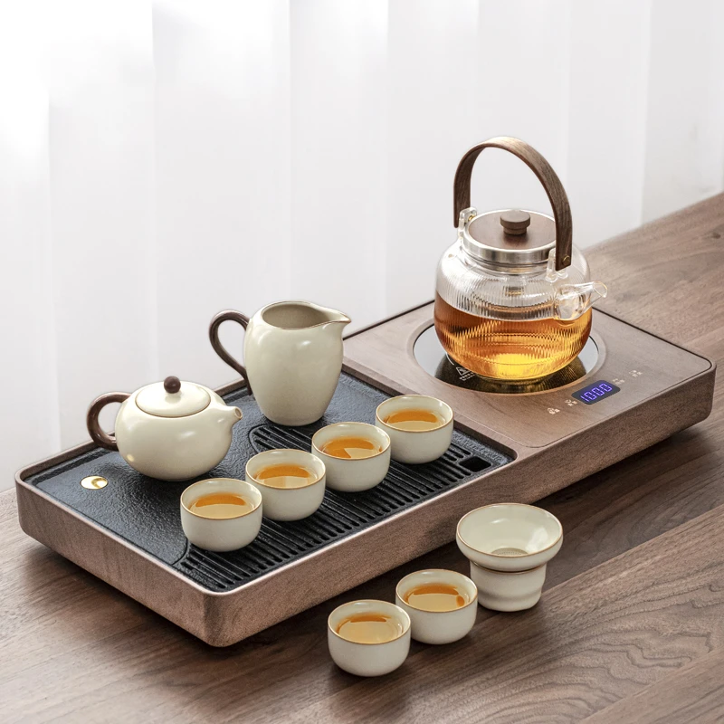 煌山小型功夫茶具套装家用高档汝窑泡茶壶茶杯整套烧水壶一体茶台