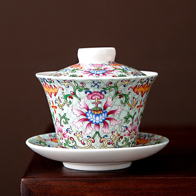 煌山新款珐琅彩悬停三才盖碗茶杯家用轻奢高档防烫泡茶具功夫茶碗